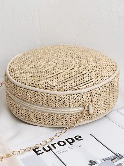 Urban Casual Straw Woven Round Messenger Bag Vacation Women's Shoulder Bag