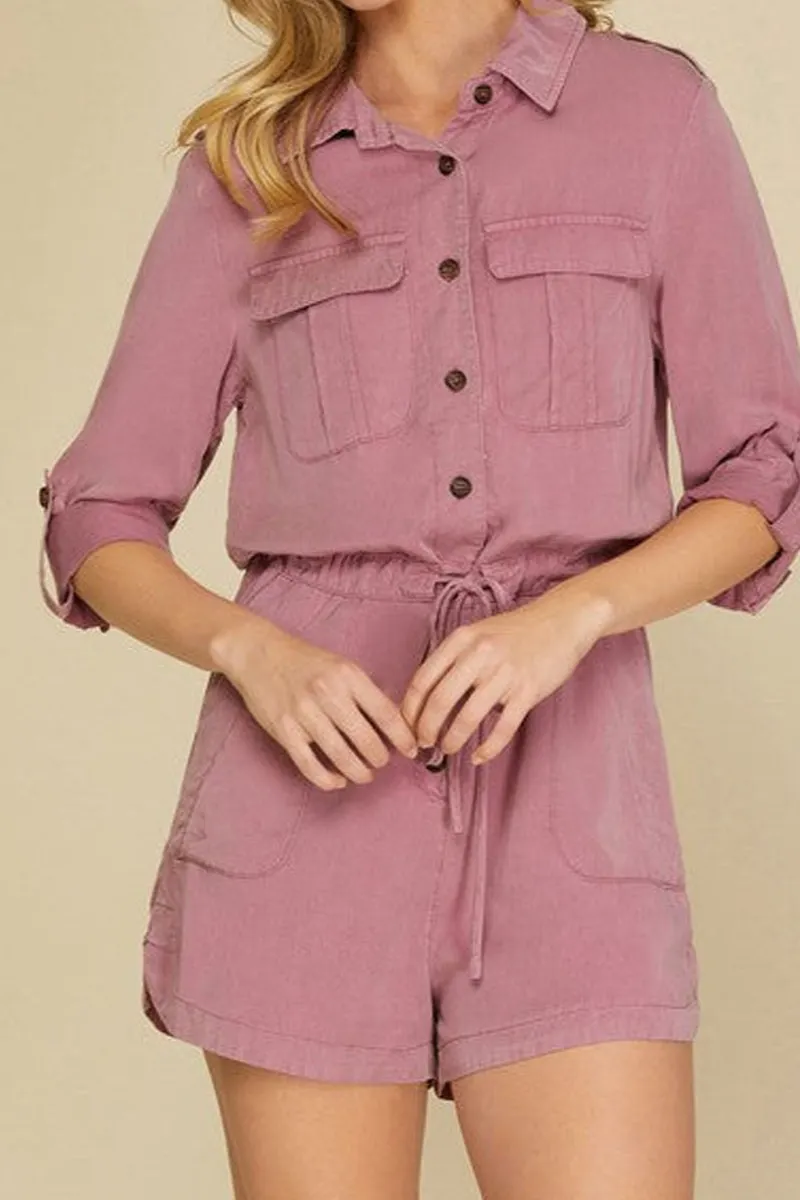 Roll Up Sleeve Flap Pockets Drawstring Playsuit