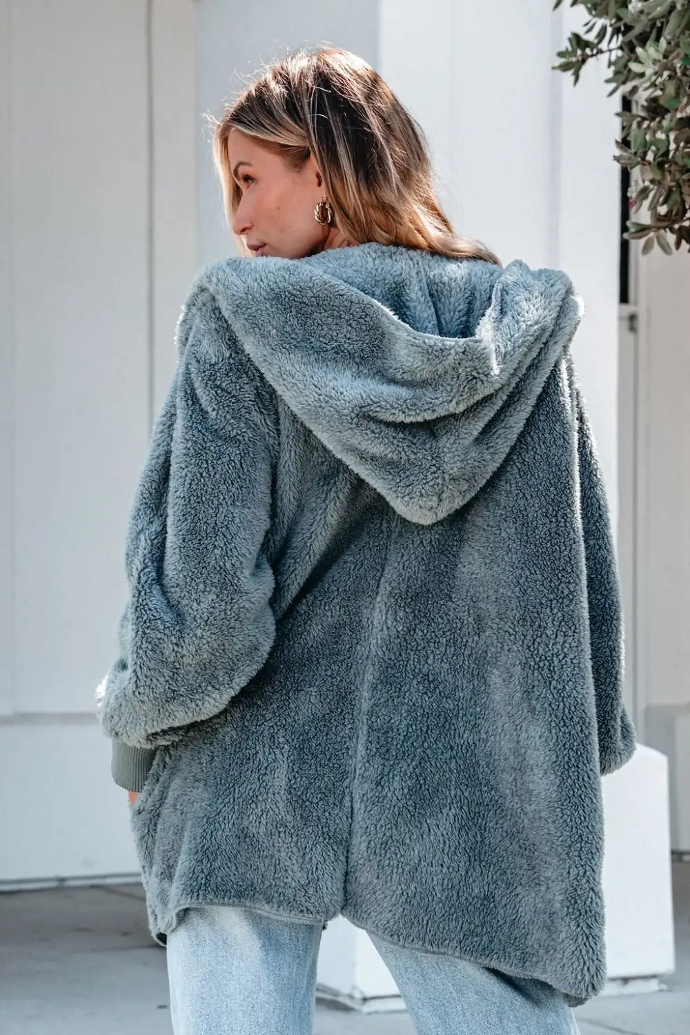 Teddy Fleece Hooded Cardigan - Blue Grey