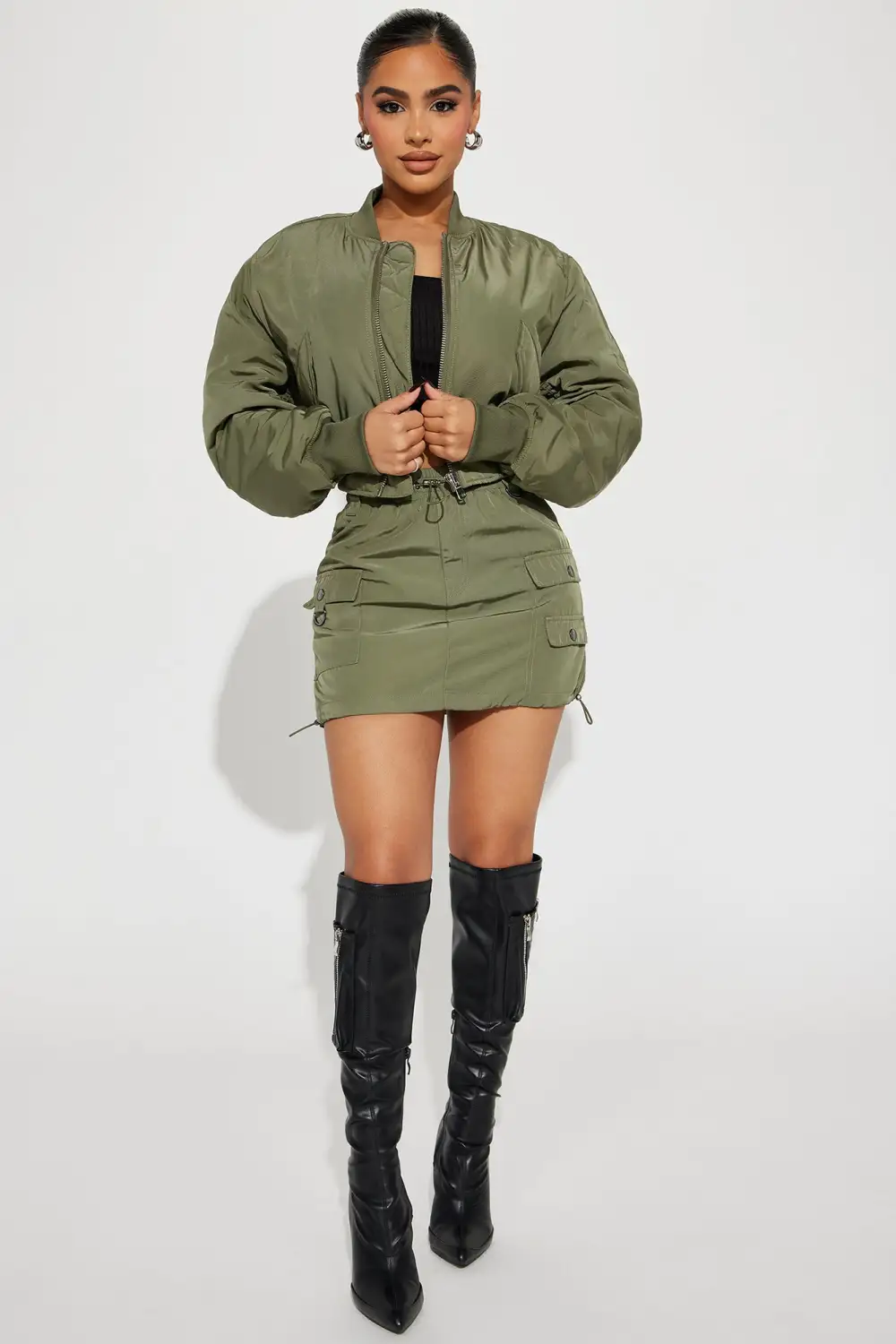 Got To Get Away Bomber Skirt Set - Olive