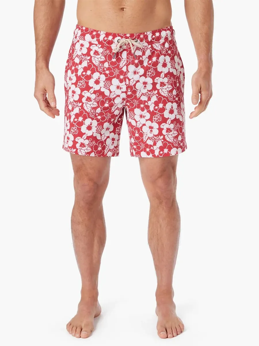 Men's Nautical Red-Stamped Hibiscus Beach Shorts