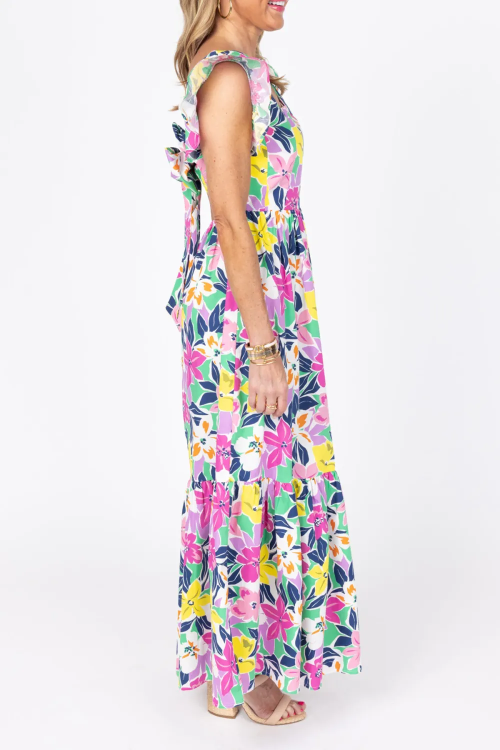 Multicolored Floral Puff Sleeve Flared Maxi Dress