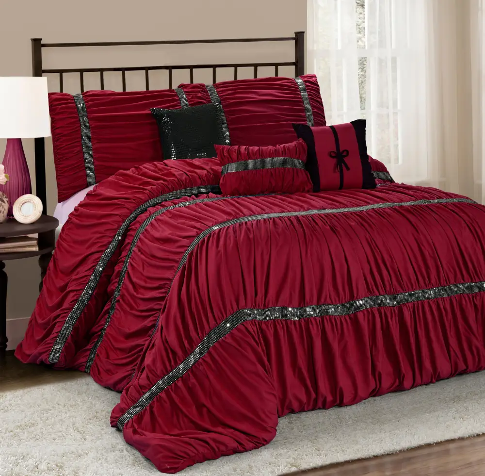 7 Piece Microfiber Ruffles Sequins Embroidery Bed In A Bag Comforter Set-Claraita