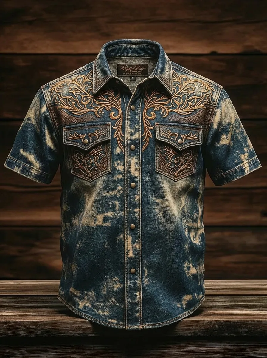 Men's Western Style Floral Embroidery Acid Wash Printed Shirt