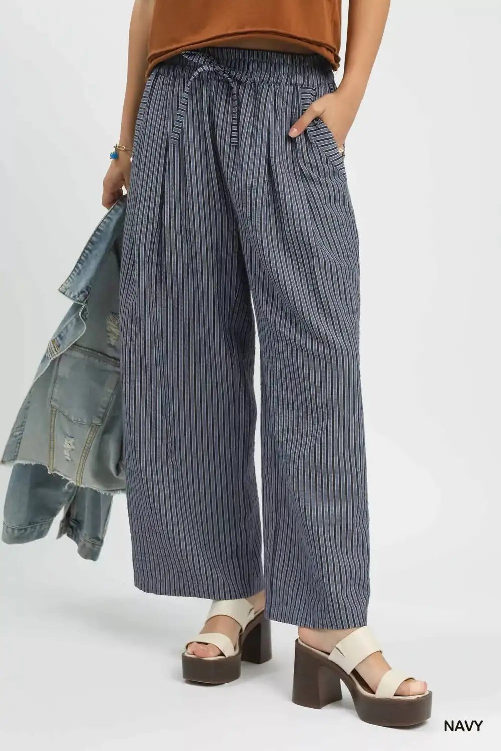 Drawstring Striped Wide Leg Pants