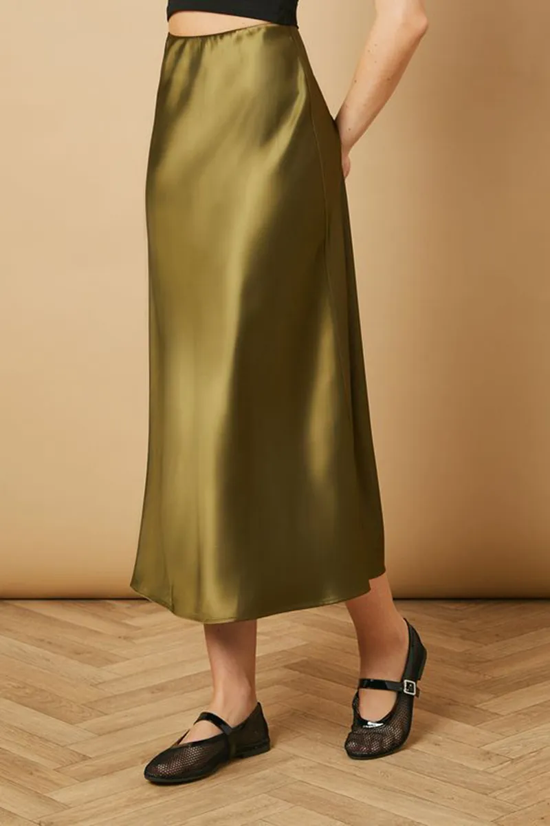 Casual Style Satin Midi Skirt