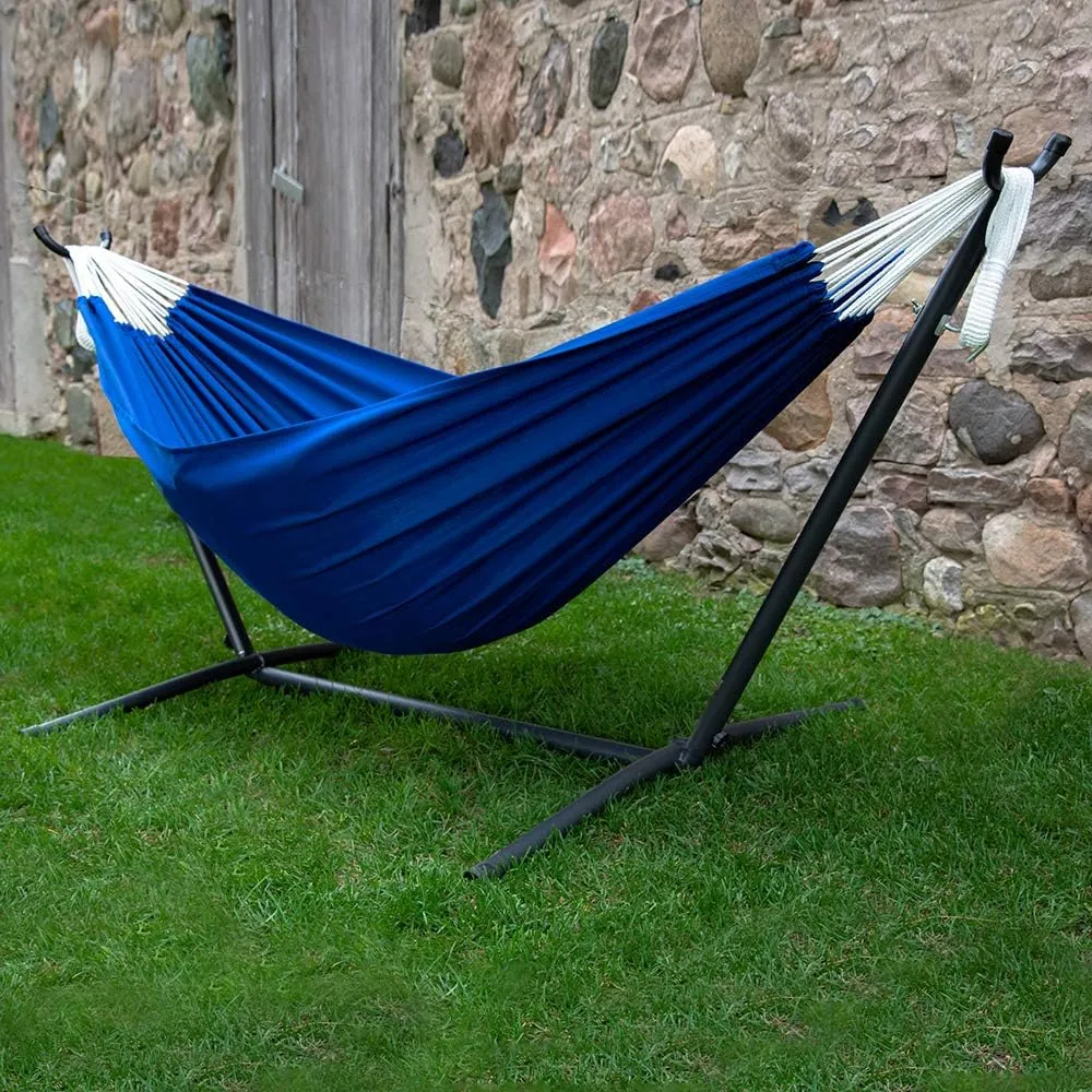 Double Cotton Hammock with Space Saving Steel Stand, Tropical (450 lb Capacity - Premium Carry Bag Included)