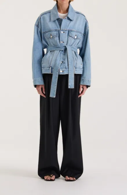Light Wash Tie Waist Denim Jacket