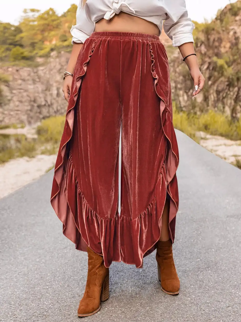 Everyday Velvet Ruffle Hem Wide Leg Pants