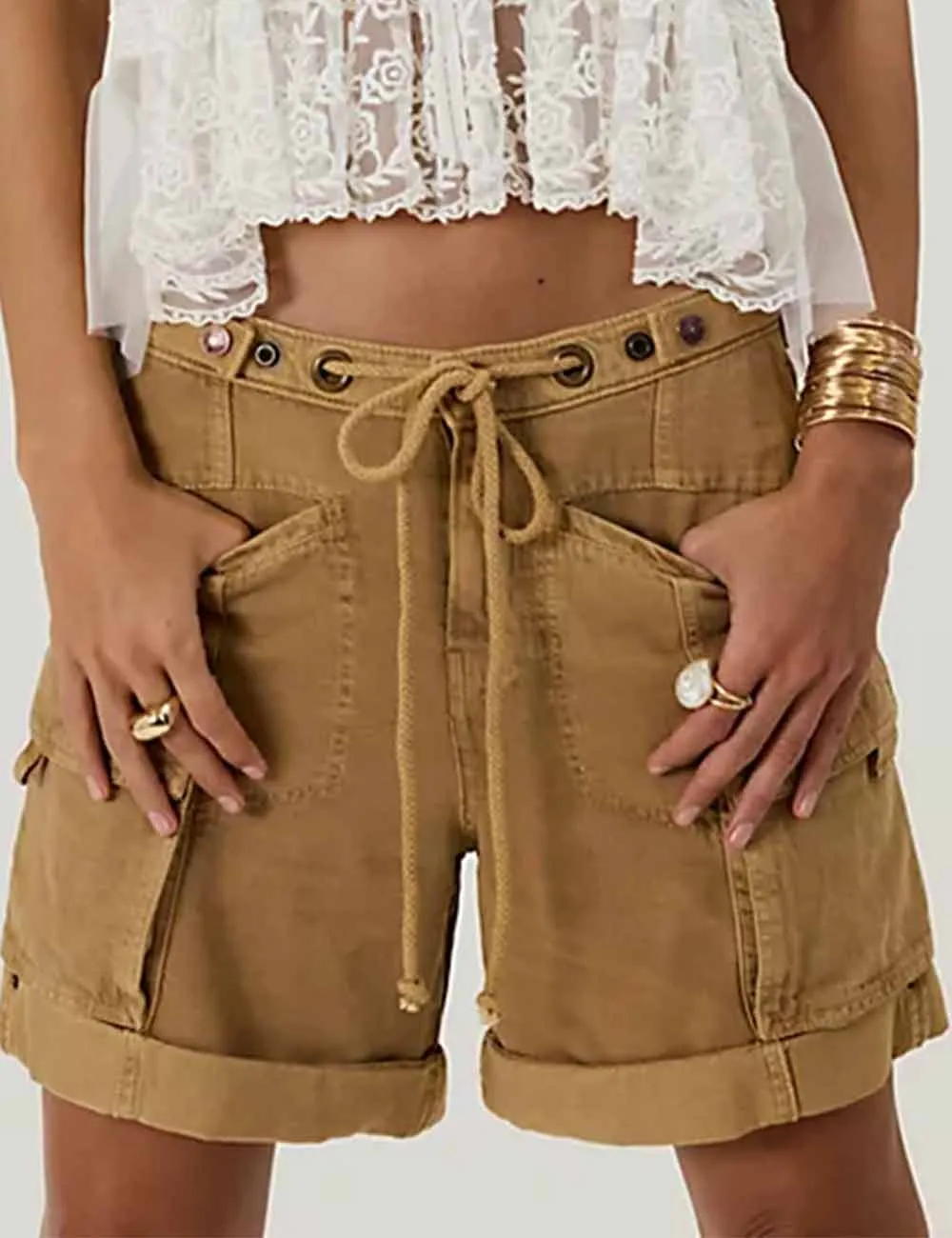 Pocket Drawstring Elastic Waist Rolled Denim Shorts