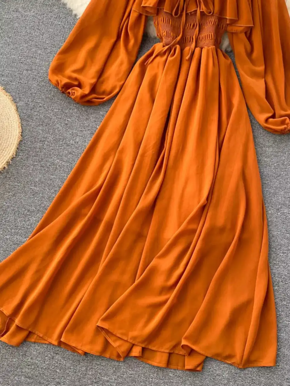 Ruffle Square Neck Balloon Sleeve a Line Dress