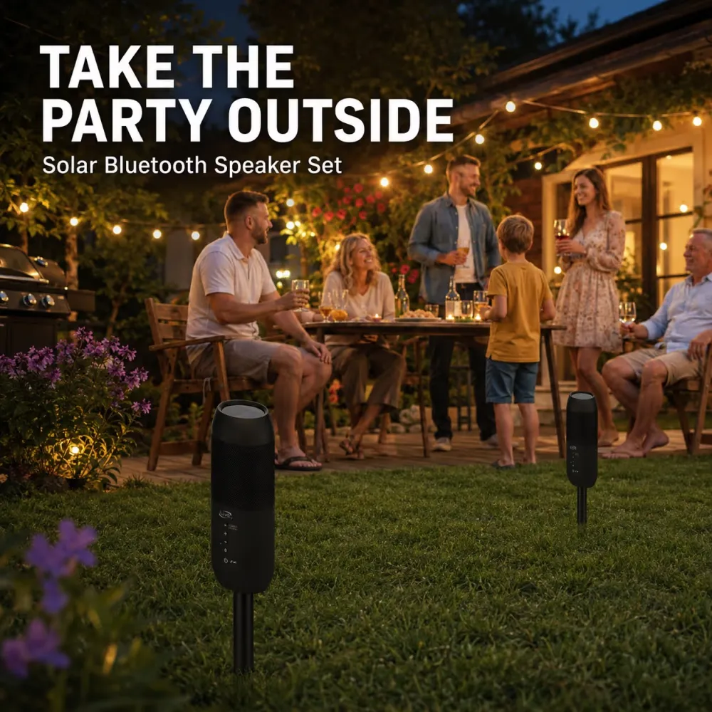 ☀️ 🎵 Solar Bluetooth Outdoor Speaker Set – 20W Dual Speakers with Ground Stakes & FM Radio
