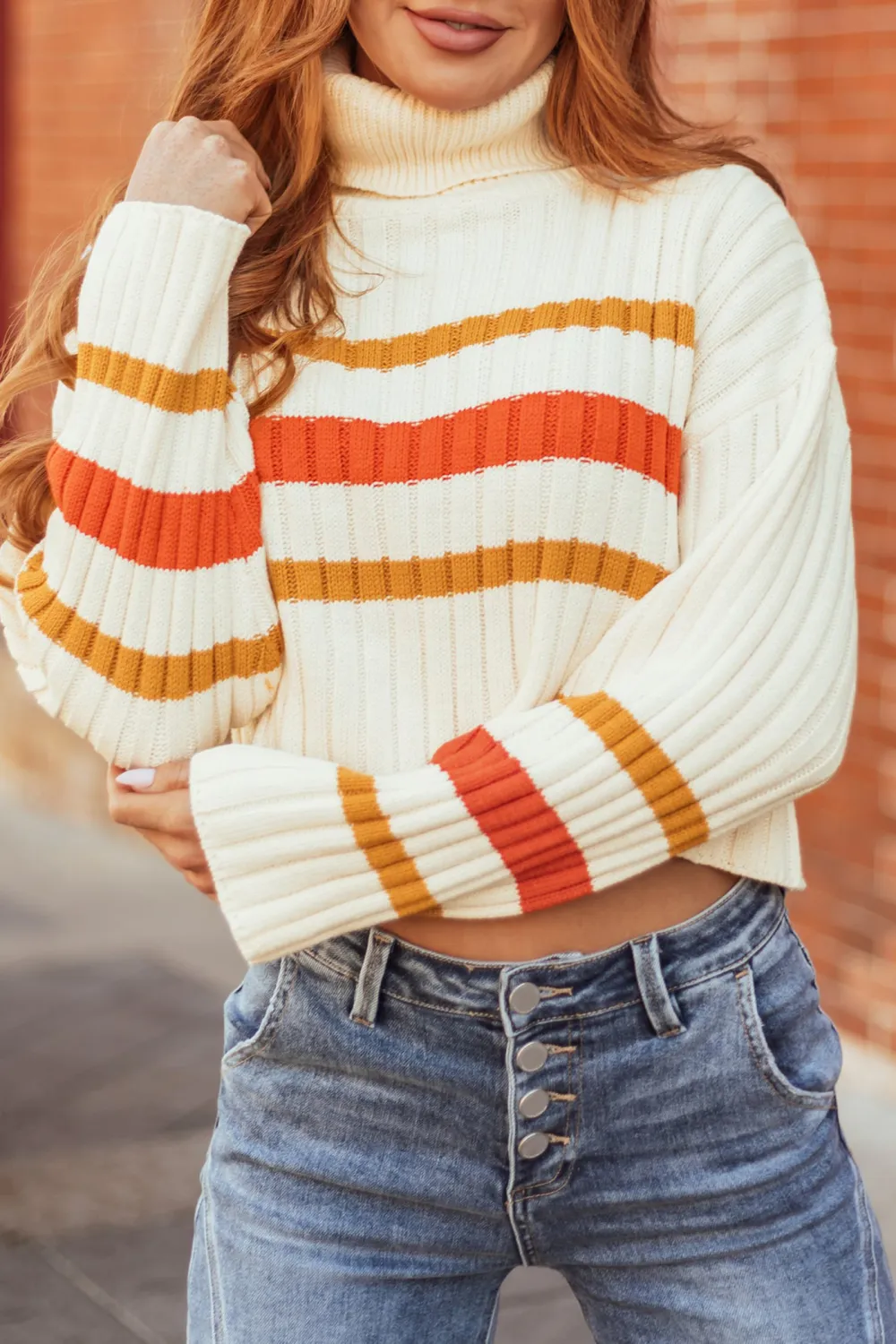 Cream Striped Turtleneck Cropped Sweater