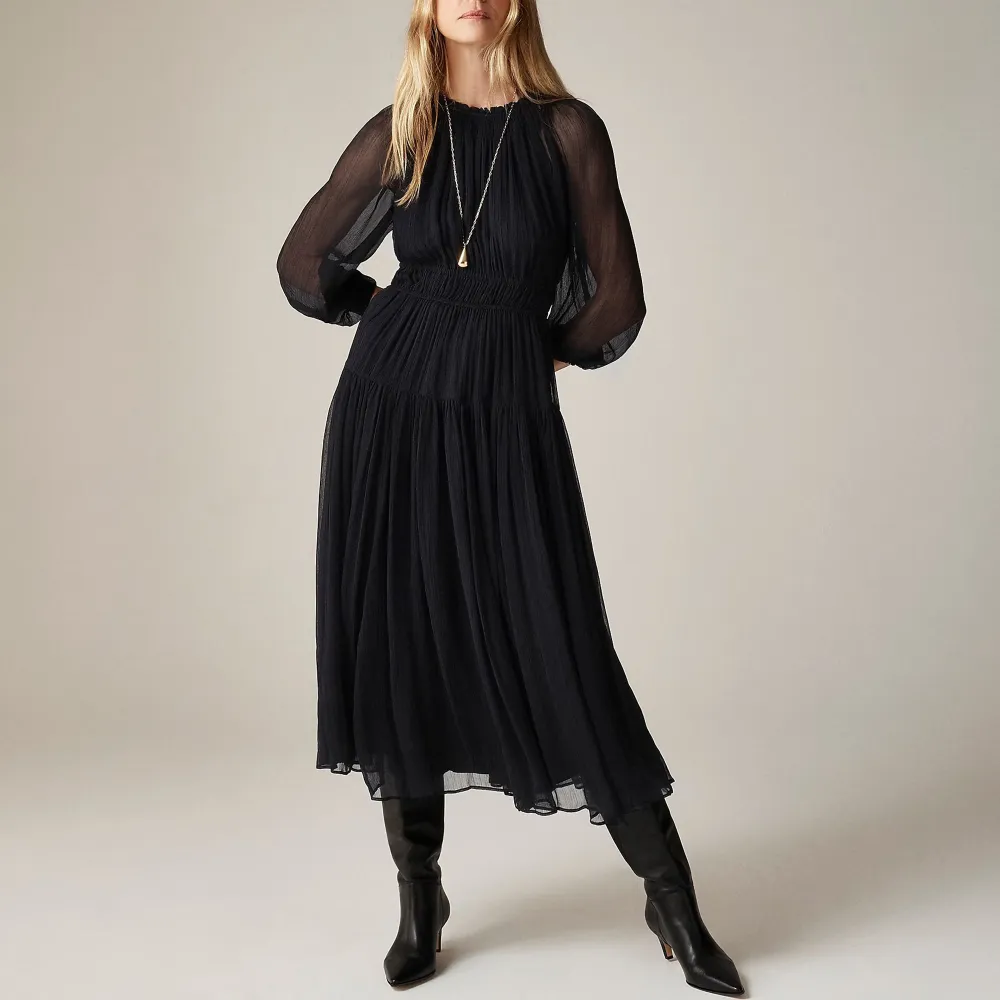 Crinkle Chiffon Sheer Long-Sleeve Dresses