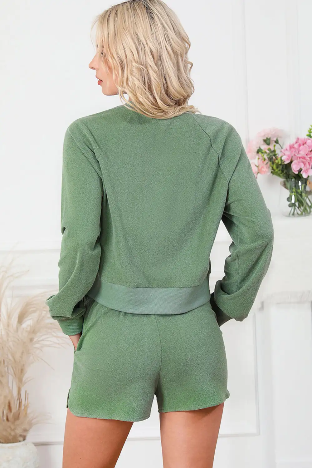 Fleece Two Piece Cropped Pullover and Shorts Loungewear Set