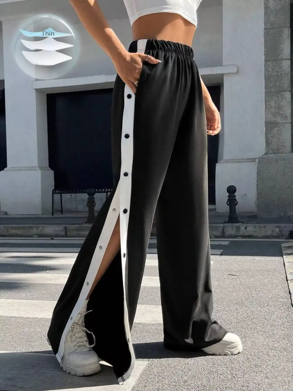 Two Tone Side Snap Wide Leg Pants