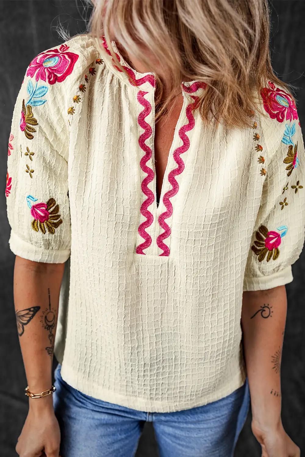 Softly Styled Floral Embroidered Textured Blouse