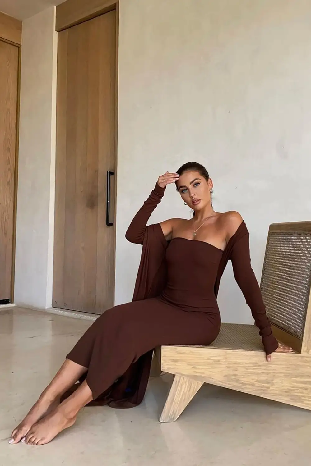 Satisfied Ribbed Maxi Dress Set - Brown