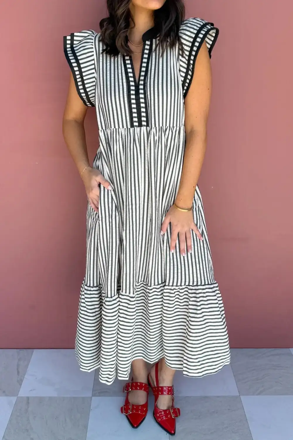 Layered Striped V-Neck Maxi Dress