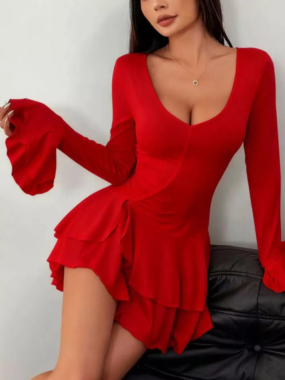 Textured Detail Ruffle Mini Dress