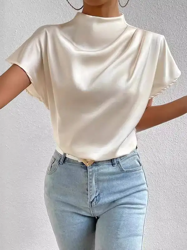 Relaxed Short Sleeve Pleat Detail Mock Neck T-Shirt