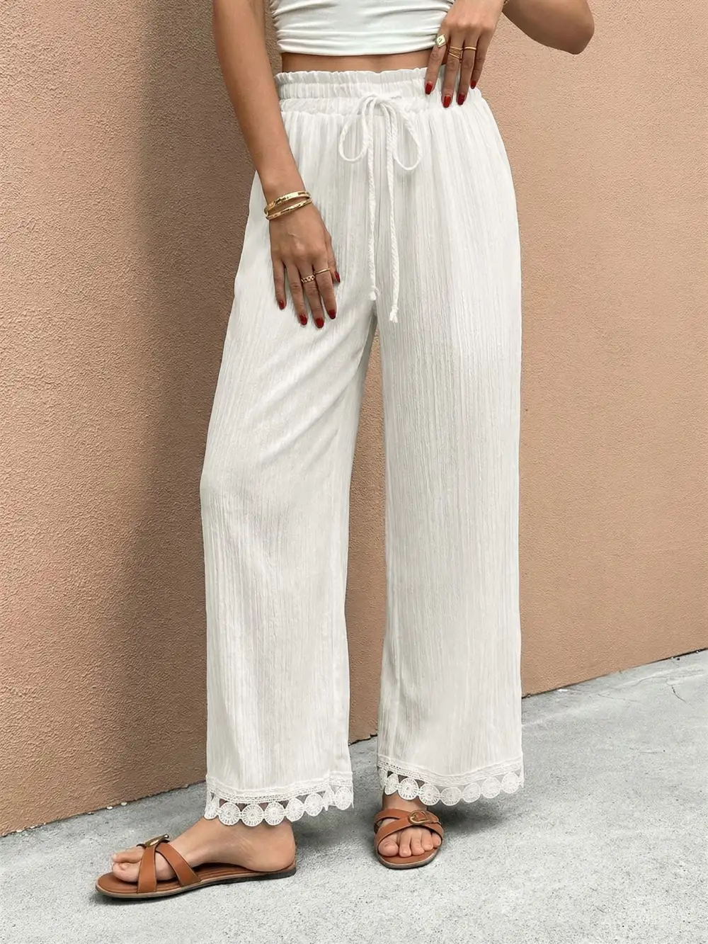 Everyday Lace Trim Wide Leg Pants