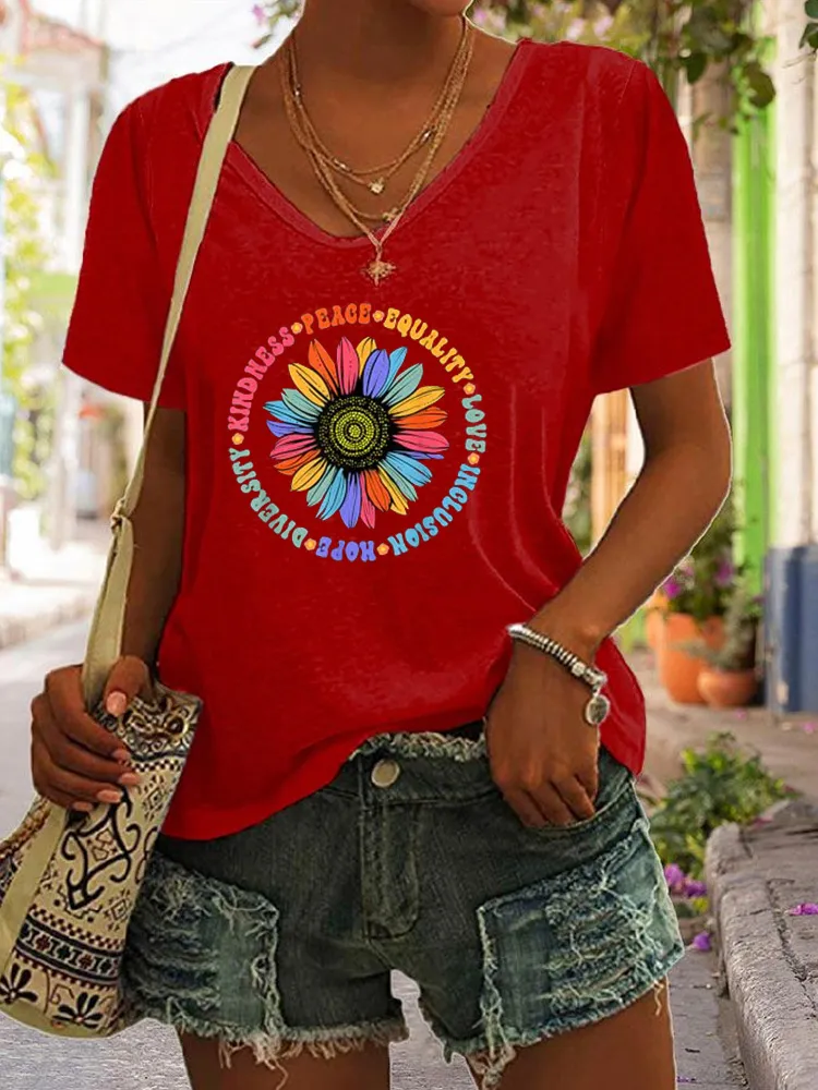 Black Floral Sunflower Pattern T-Shirt