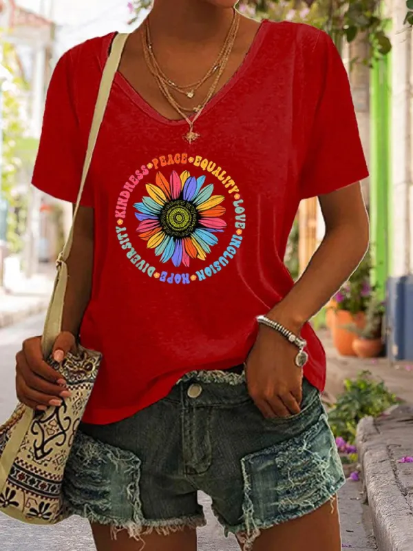 Black Floral Sunflower Pattern T-Shirt