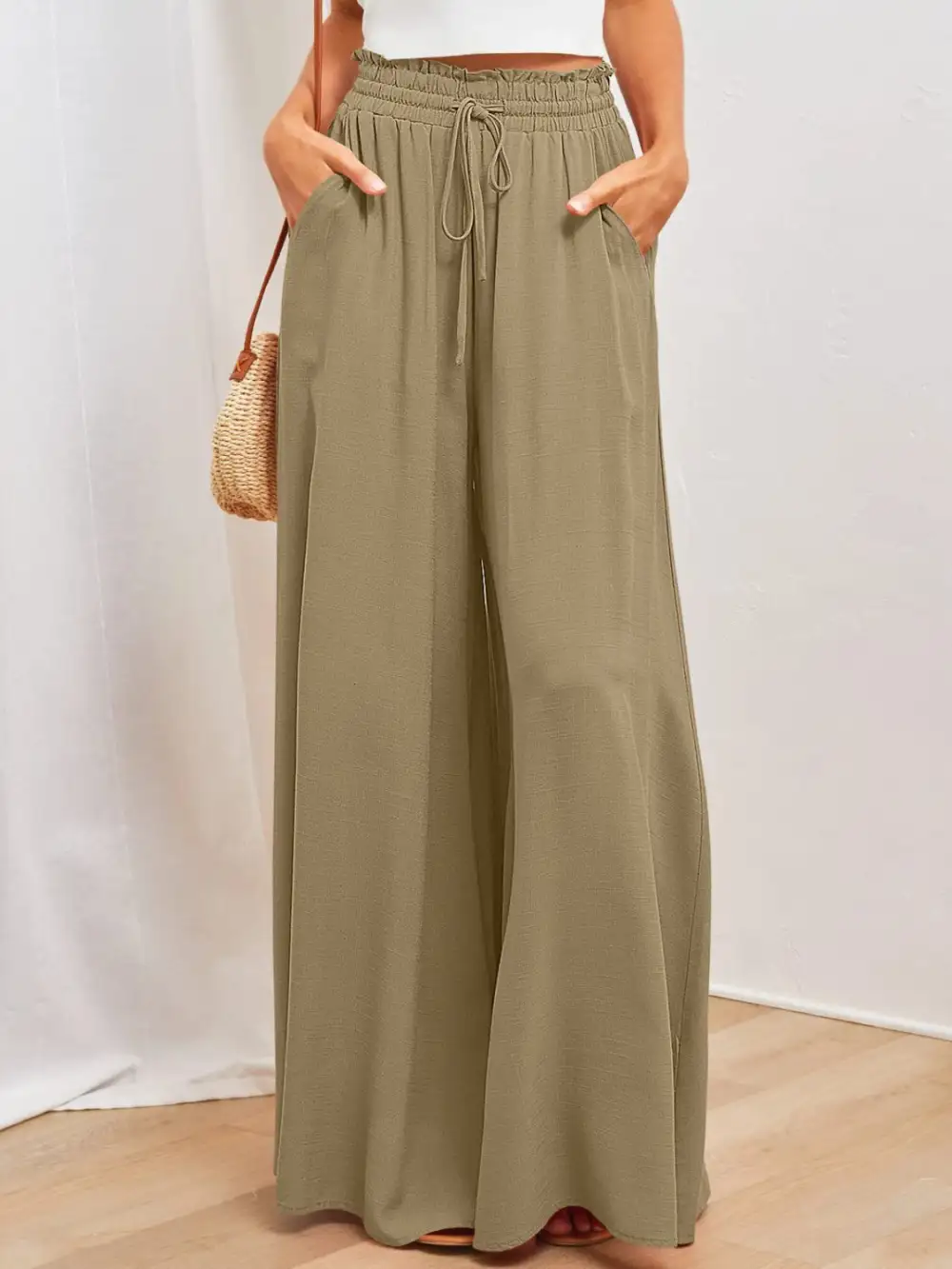 Textured Wide Leg Pants With Pocket