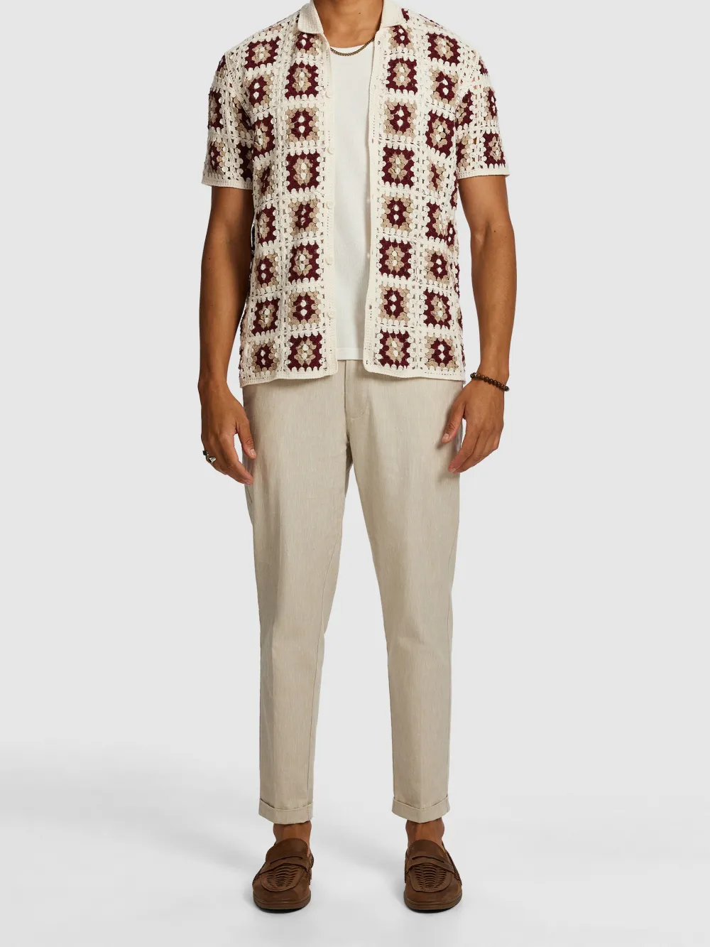 Beige And Red Patterned Knit Short Sleeve Shirt