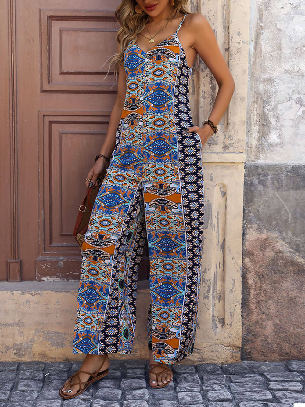 Ethnic suspender print wide leg jumpsuit