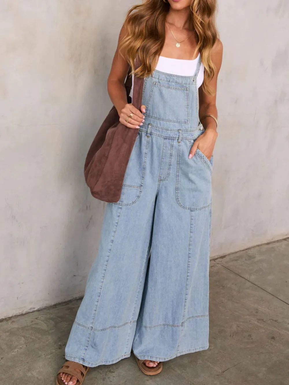 Polished Denim Wide Leg Overalls