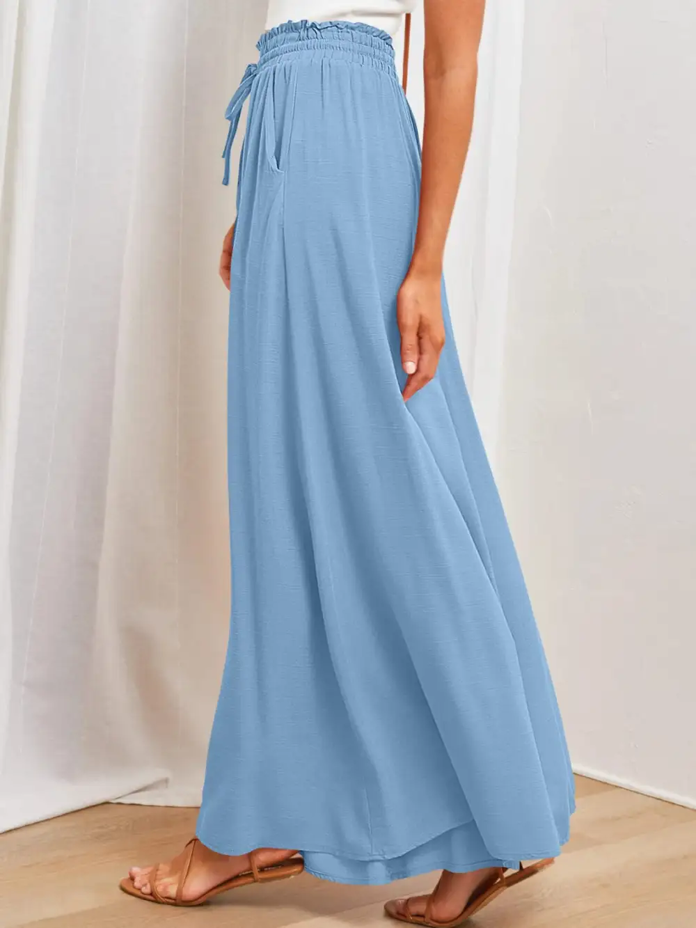 Textured Wide Leg Pants With Pocket