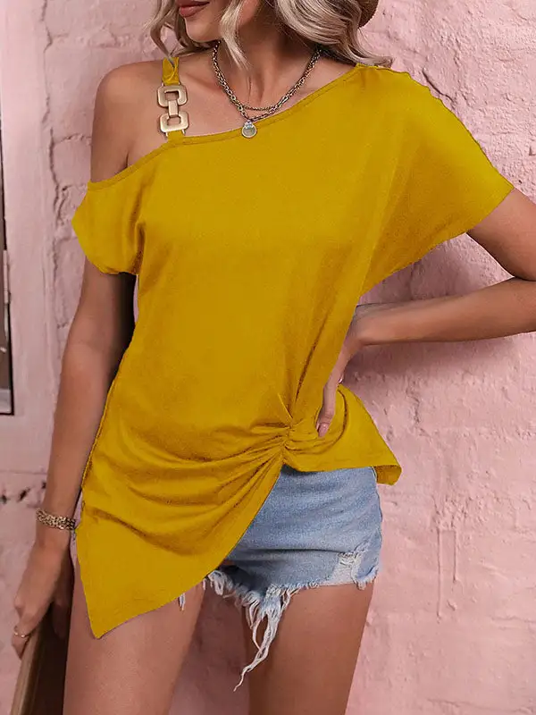 Relaxed Curve Fit Asymmetric Chains Pleat Detail One Shoulder T-Shirt