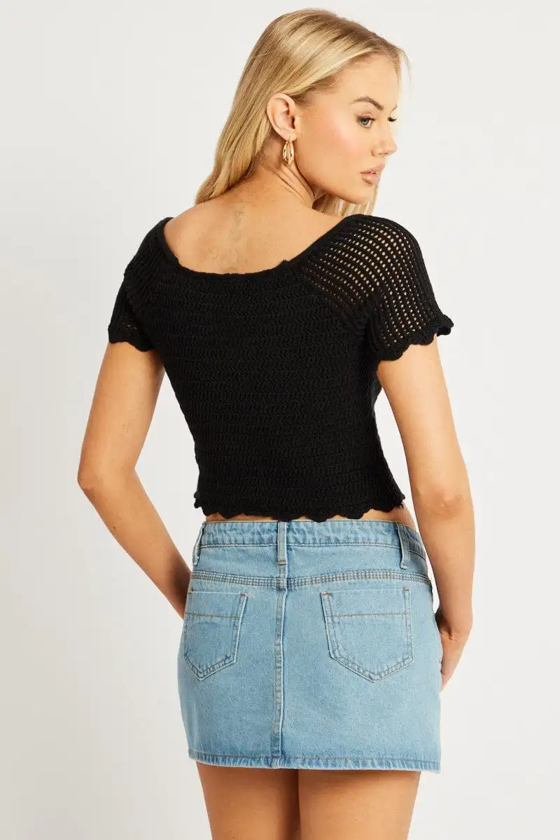 Black Crochet Knit Top Short Sleeve Button Down