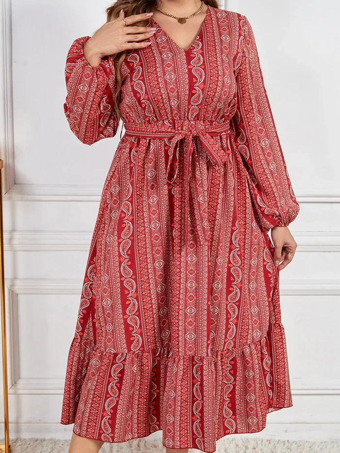 Plus Print V-Neck Lantern Sleeve Ruched Maxi Dress
