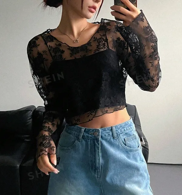 Women's Sheer Round-Neck Long-Sleeve Blouse