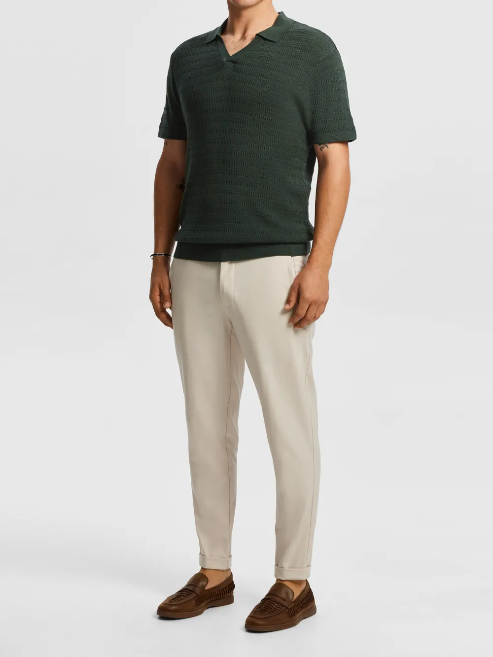 Dark Green Short Sleeve Ribbed Knit Polo Shirt