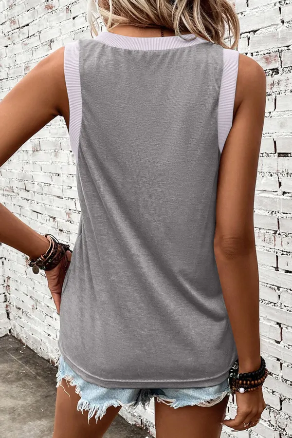Sequined Baseball Bat Graphic Ribbed Trim Casual Tank Top