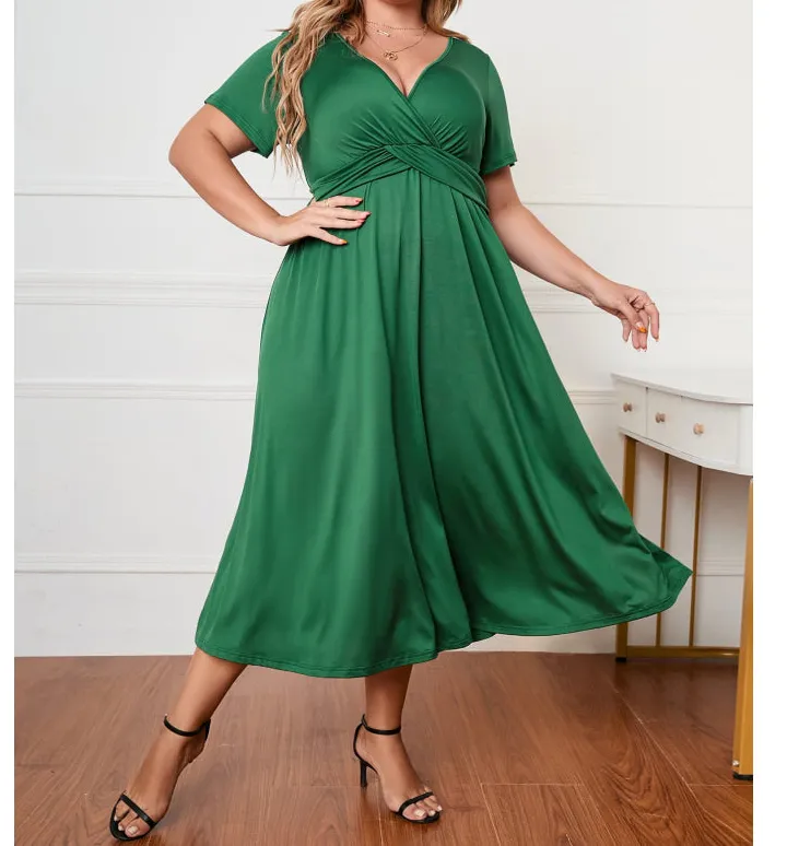 Plus Size Short Sleeve Surplice Neck Midi Dress