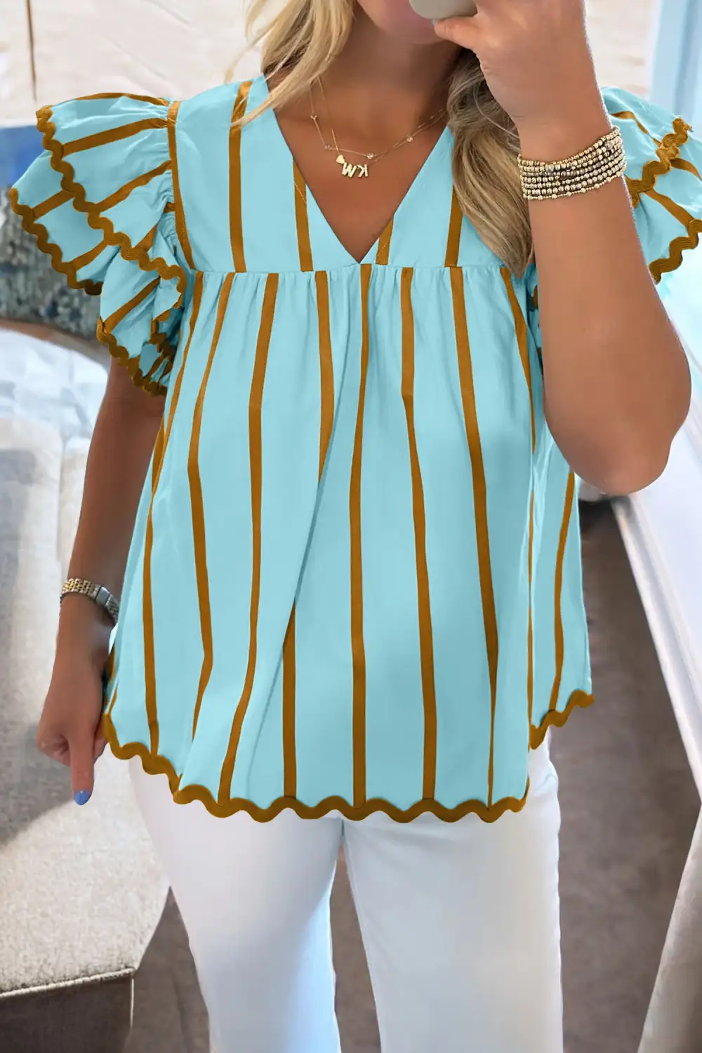 Sky Blue Stripe Ricrac Trim Double Ruffled Short Sleeve V Neck Blouse
