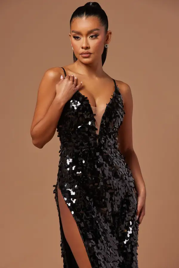 Fiona Sequin Midi Dress - Black