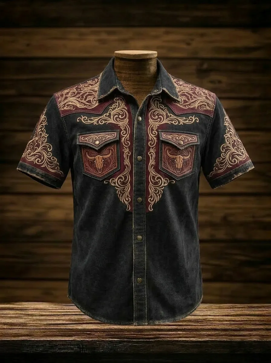 Men's Western Cowboy Bull Skull Floral Printed Shirt