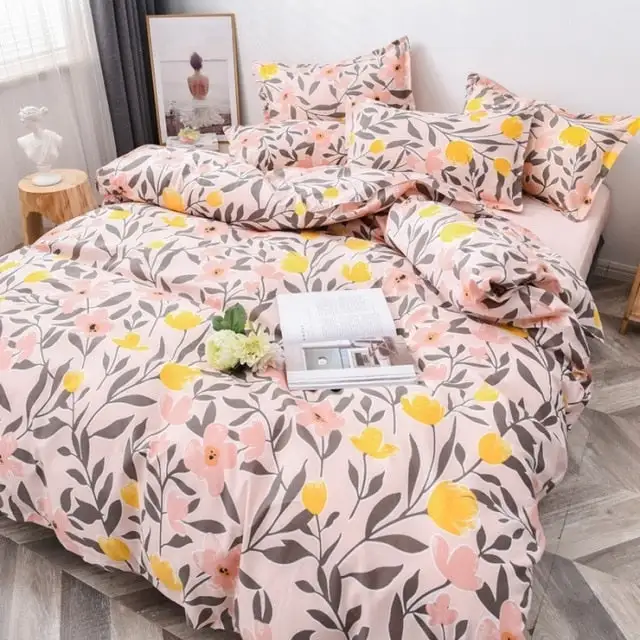 (Store Closing Sale) Flower Duvet Cover Bedding Set Peach Daisy Pastoral style Flat Bed Sheet