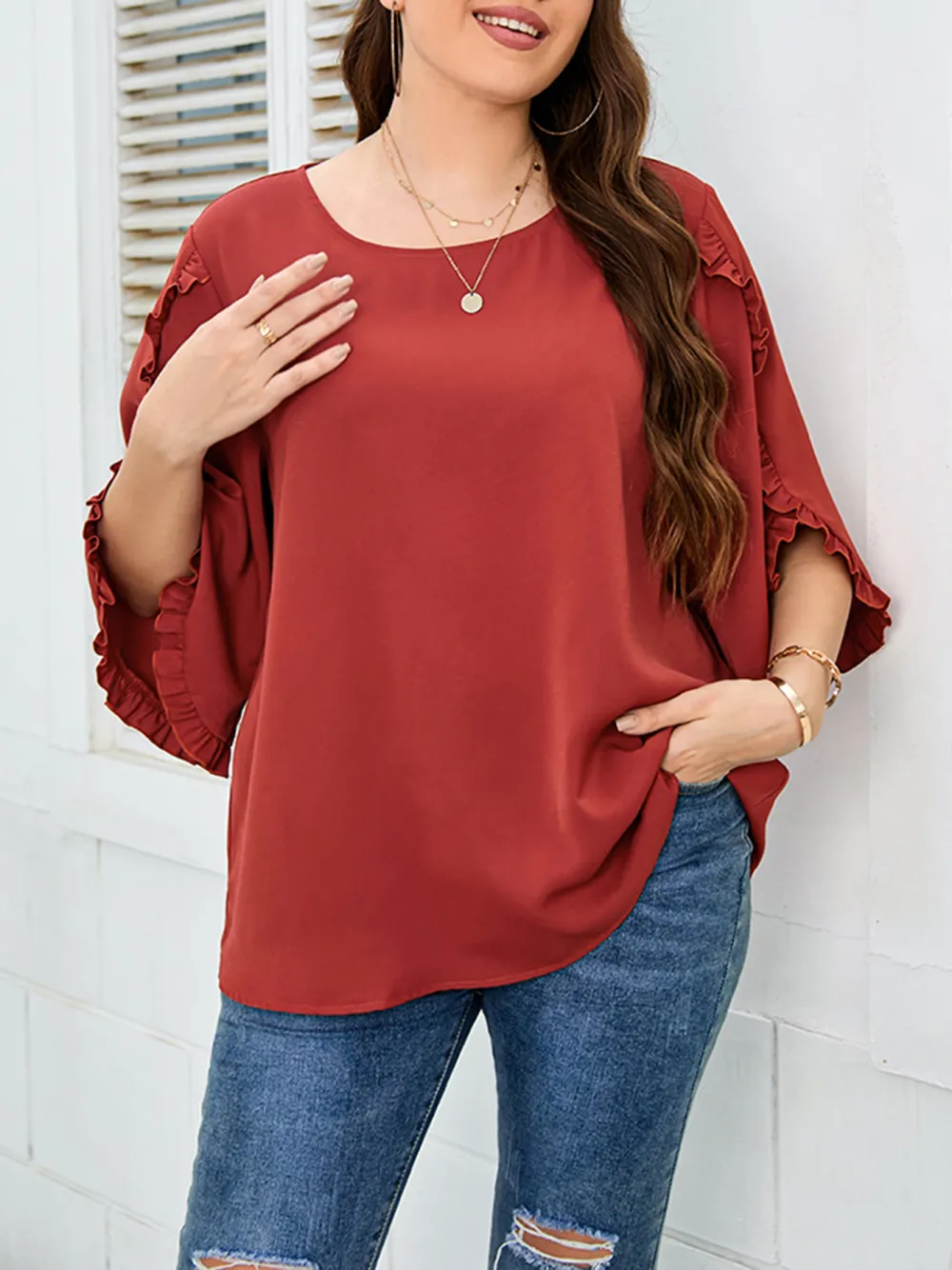 Women Casual Large Size Red Short Sleeve Loose Top