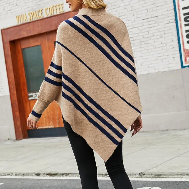 Casual Striped Knitted Round-Neck Shawl Sweater