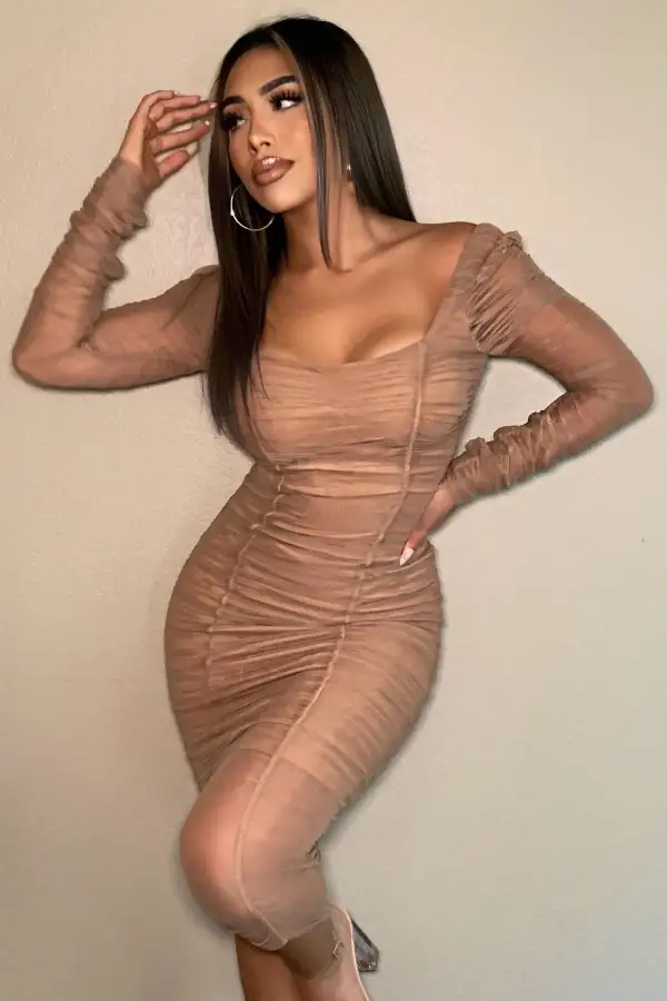 Did You Mesh Me Ruched Midi Dress - Nude