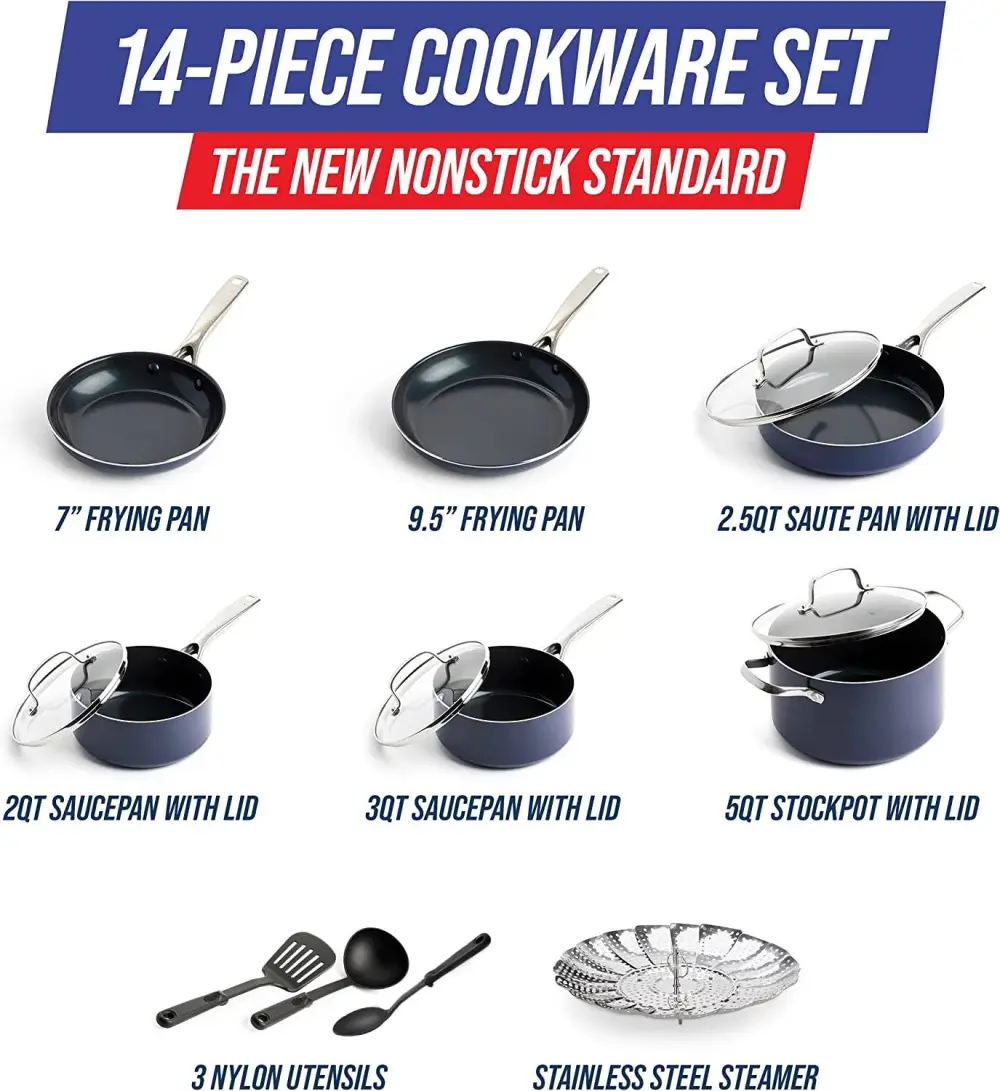 Diamond Cookware Diamond Infused Ceramic Nonstick 14 Piece Cookware Pots and Pans Set, PFAS-Free, Dishwasher Safe, Oven Safe, Blue