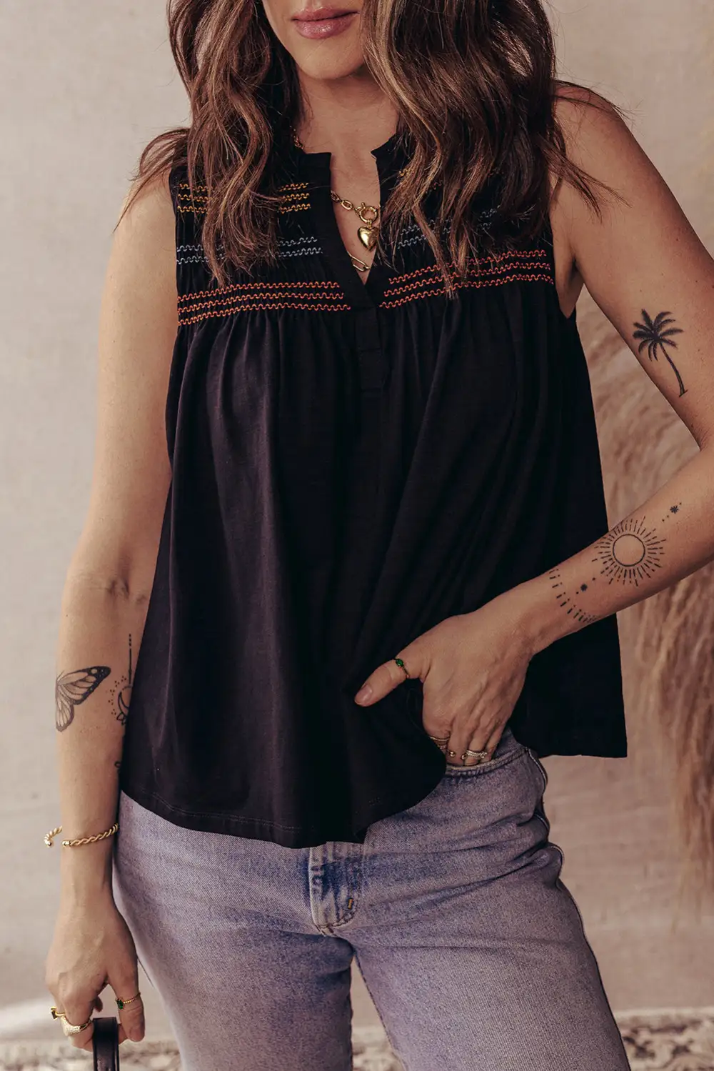 Shirred Yoke Notched V Neck Tank Top