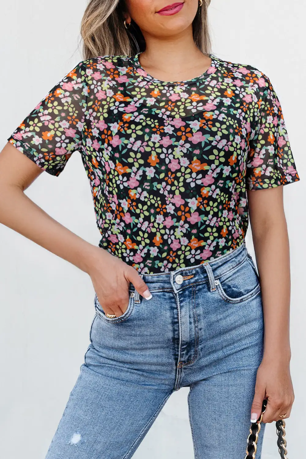 Sheer Mesh Round Neck Tee